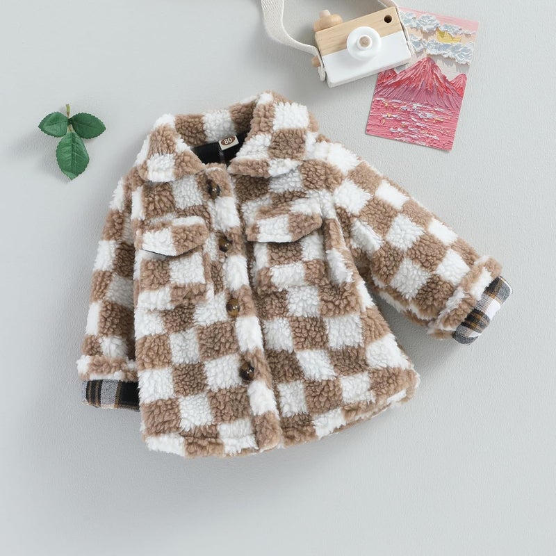 FEIBEL Store Toddler Kids Fleece Jackets Checkerboard Button Winter Warm Sherpa Coat Outwear for Boys Girls - Image 2